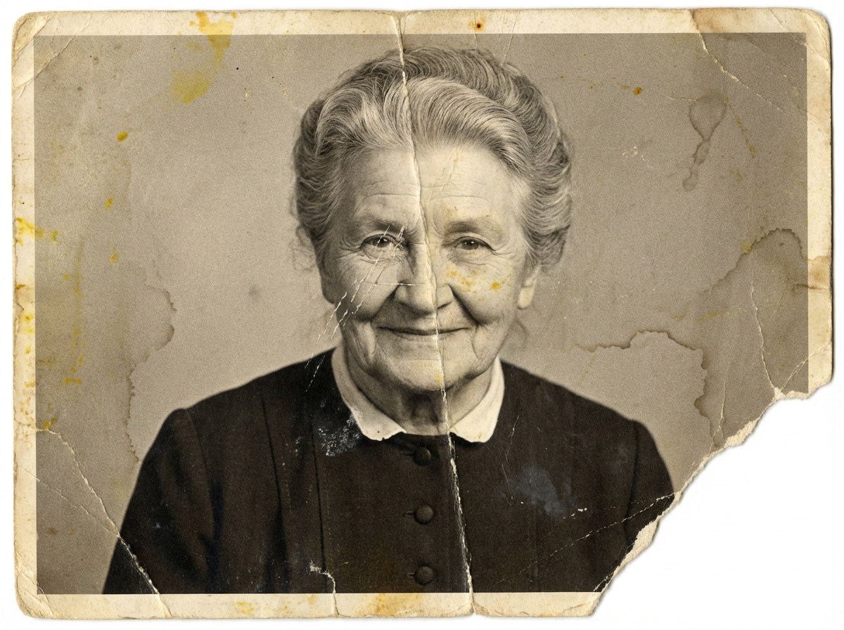 Damaged vintage family photo with scratches, fading, and tears before AI restoration
